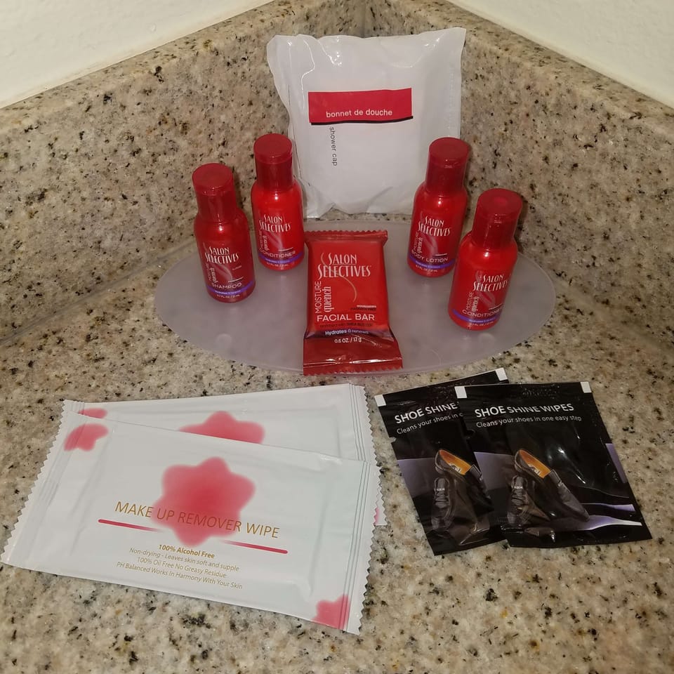 Combined shower/tub, free toiletries, hair dryer, towels