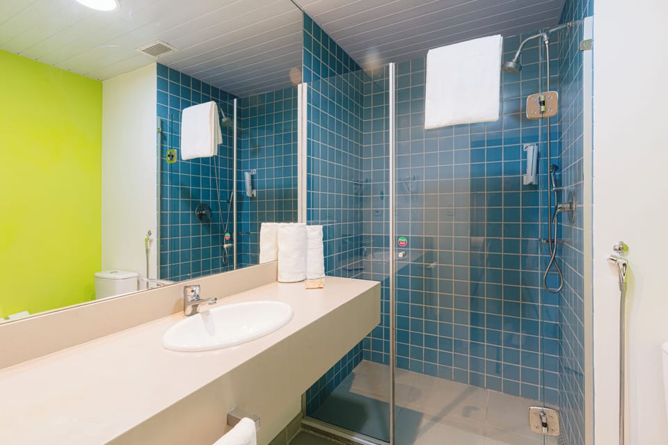 Shower, eco-friendly toiletries, hair dryer, towels