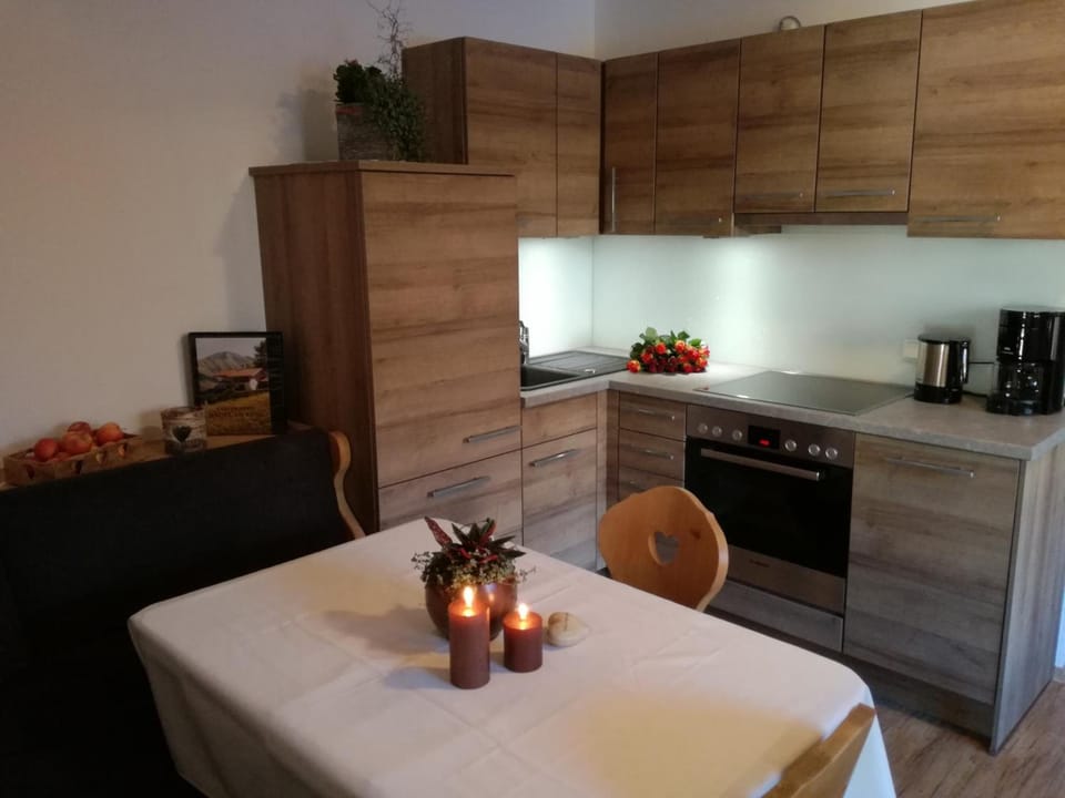 Full-size fridge, oven, stovetop, dishwasher