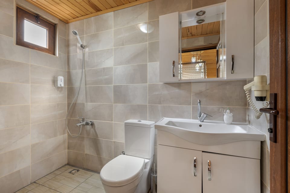 Shower, hair dryer, slippers, towels