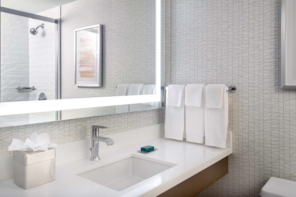 Combined shower/tub, free toiletries, hair dryer, towels