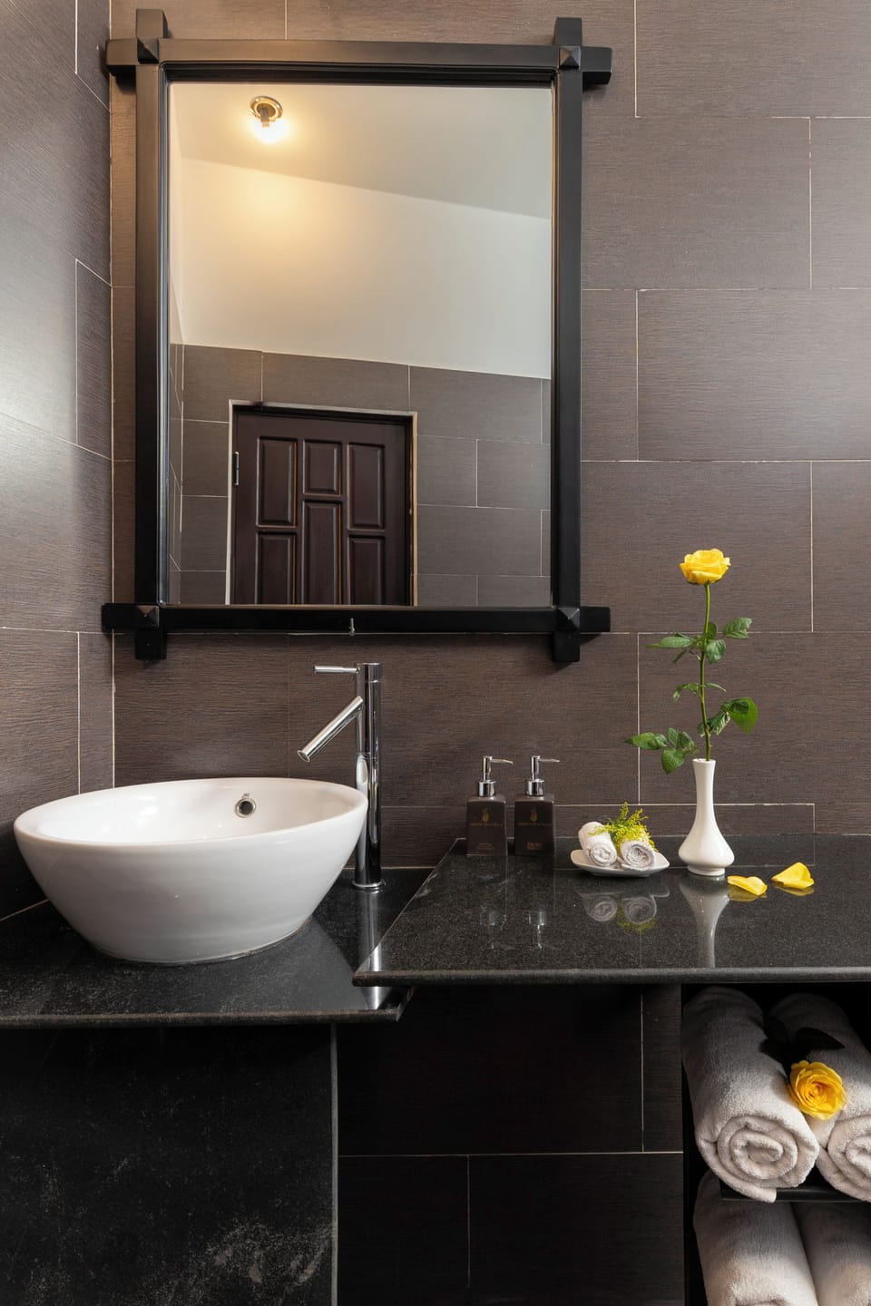 Separate tub and shower, designer toiletries, hair dryer, slippers