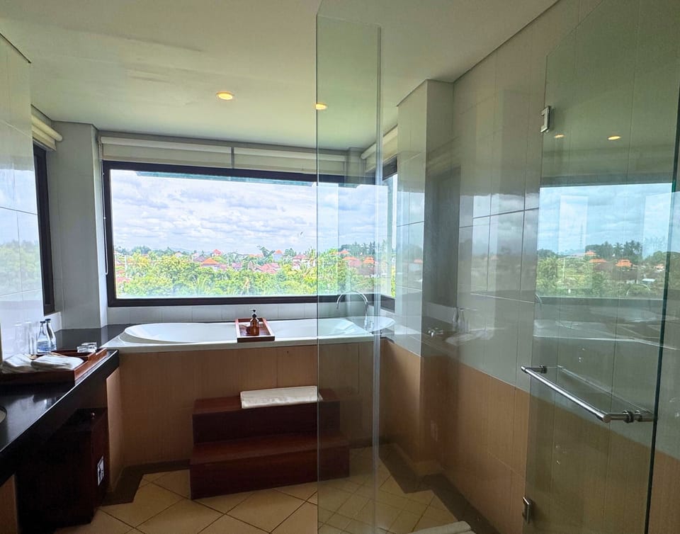 Suite Pool View with Balcony | Bathroom | Designer toiletries, hair dryer, slippers, towels