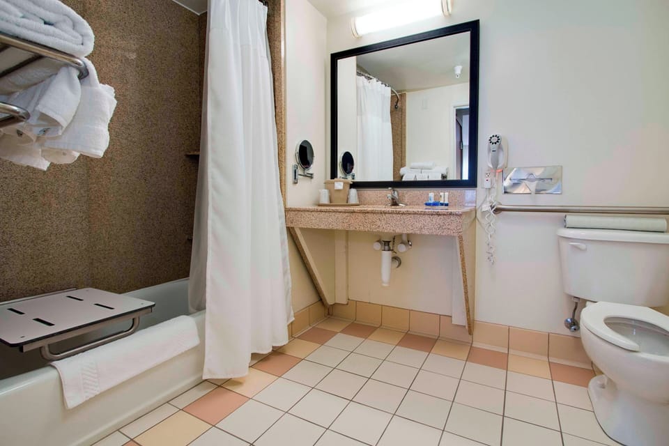 Combined shower/tub, free toiletries, hair dryer, towels