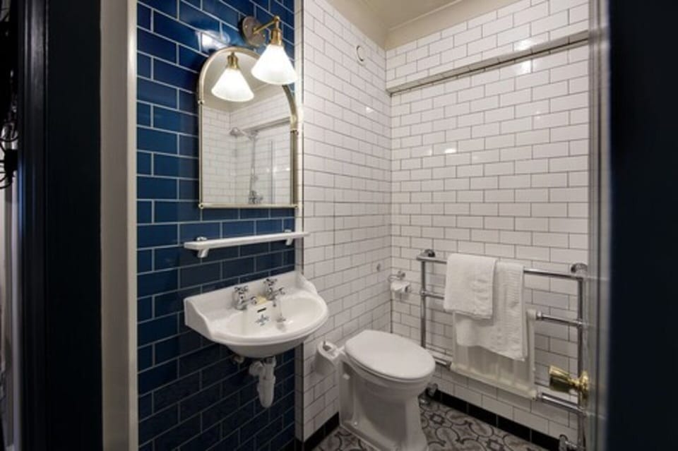 Combined shower/tub, free toiletries, hair dryer, towels