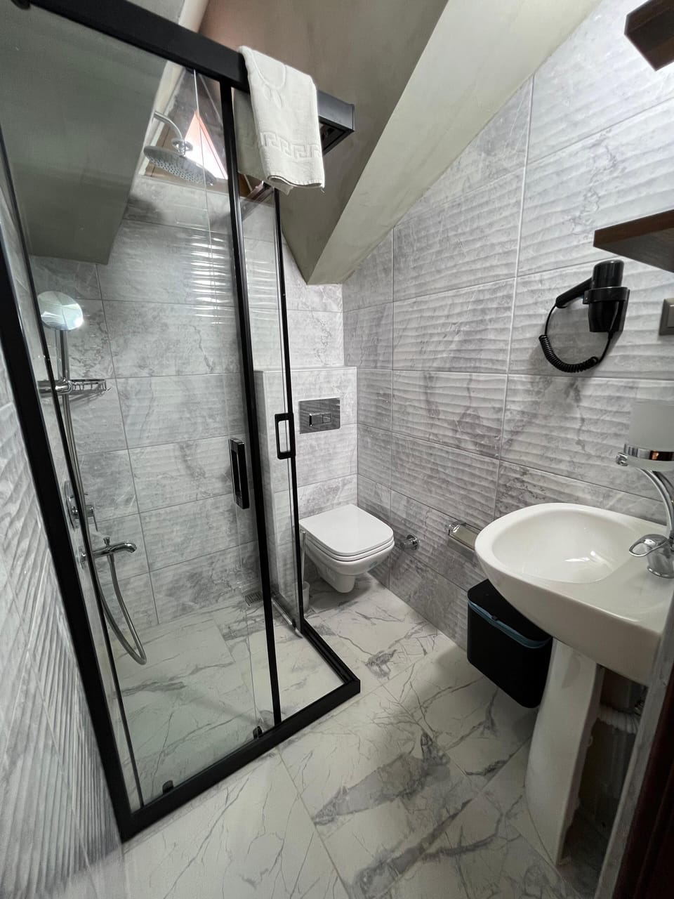 Shower, free toiletries, hair dryer, towels