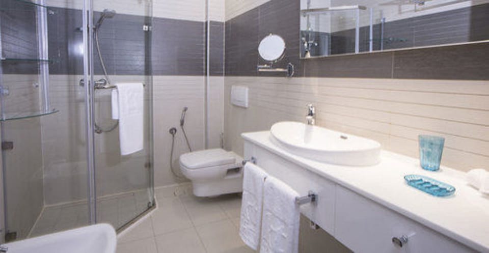 Shower, free toiletries, hair dryer