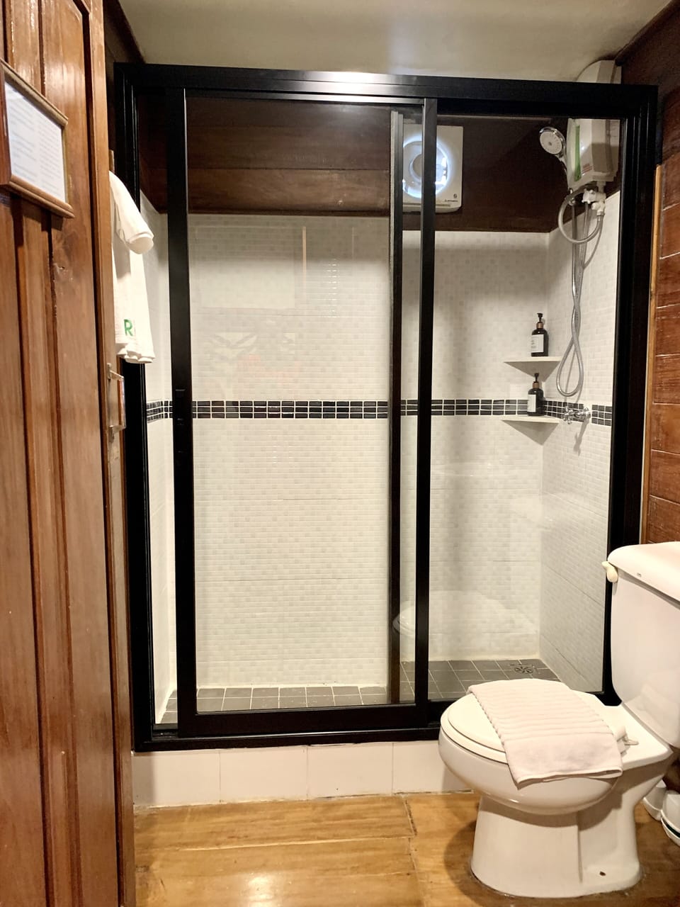 Shower, free toiletries, hair dryer, slippers
