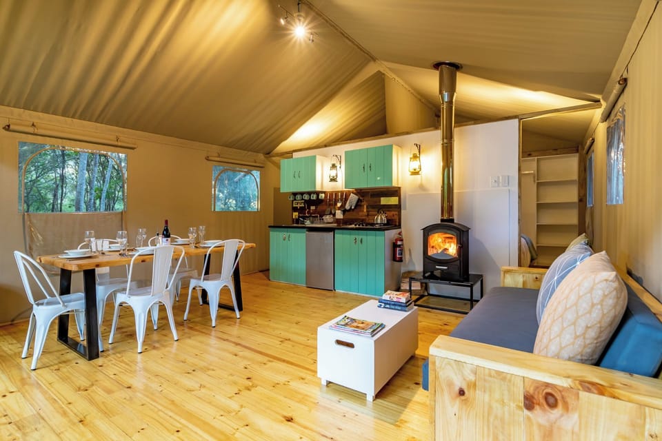 Luxury Tent, 2 Bedrooms | Living area | Fireplace