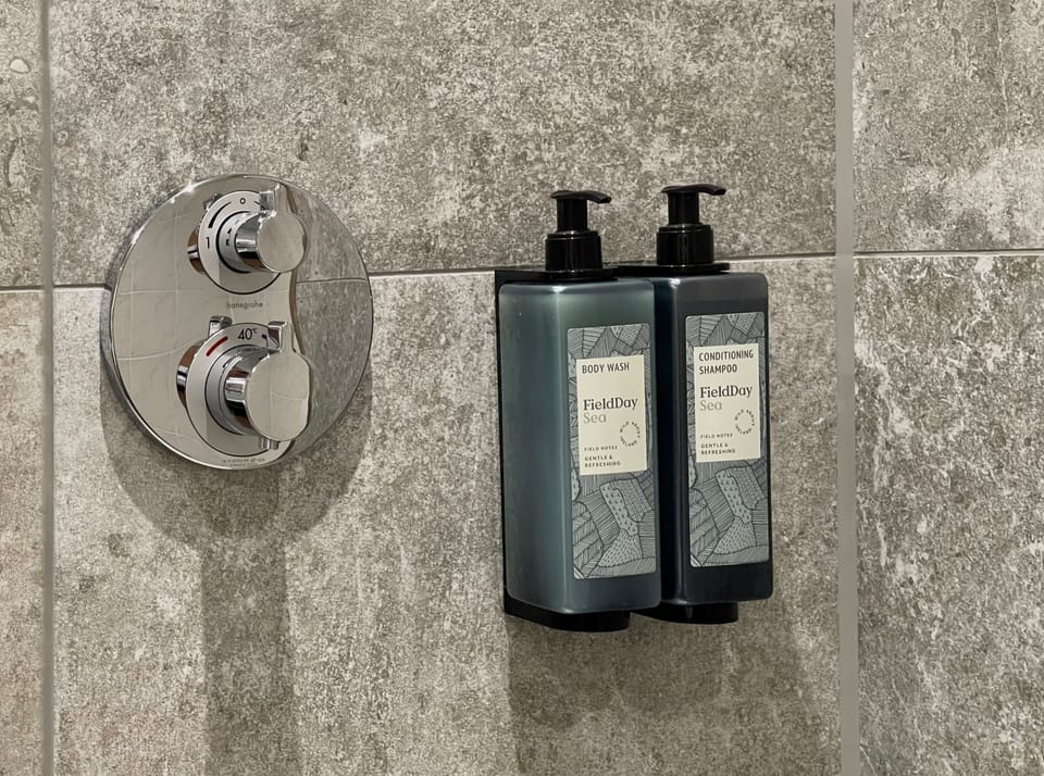 Eco-friendly toiletries, hair dryer, towels