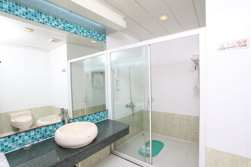 Shower, free toiletries, hair dryer, bathrobes
