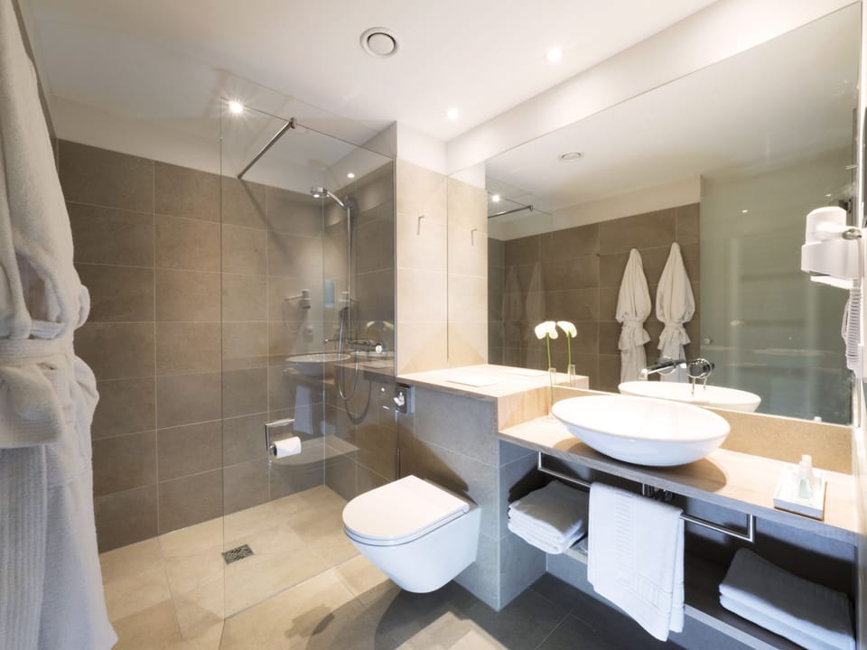 Shower, free toiletries, hair dryer, towels