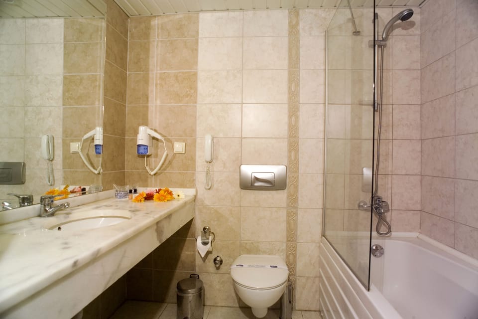 Shower, free toiletries, hair dryer, slippers
