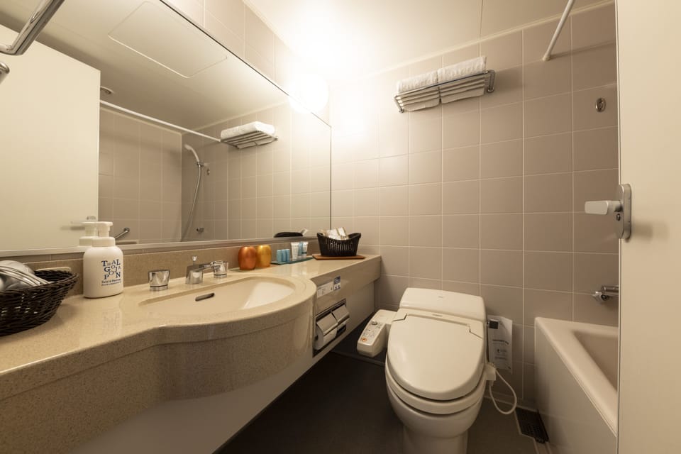 Combined shower/tub, deep soaking tub, free toiletries, hair dryer