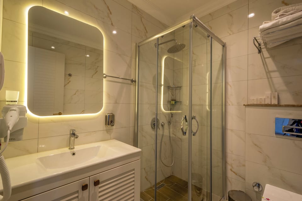Shower, rainfall showerhead, hair dryer, slippers