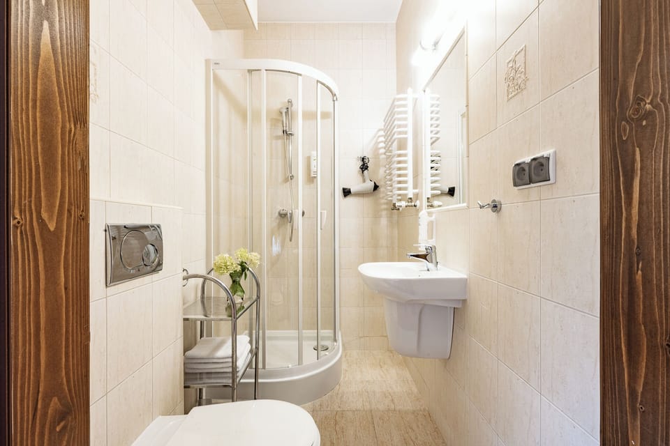 Shower, free toiletries, hair dryer, towels