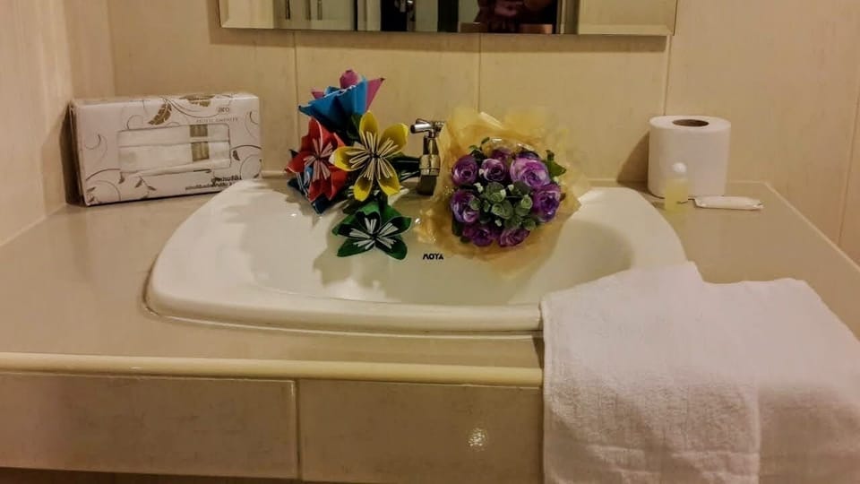Shower, rainfall showerhead, free toiletries, towels