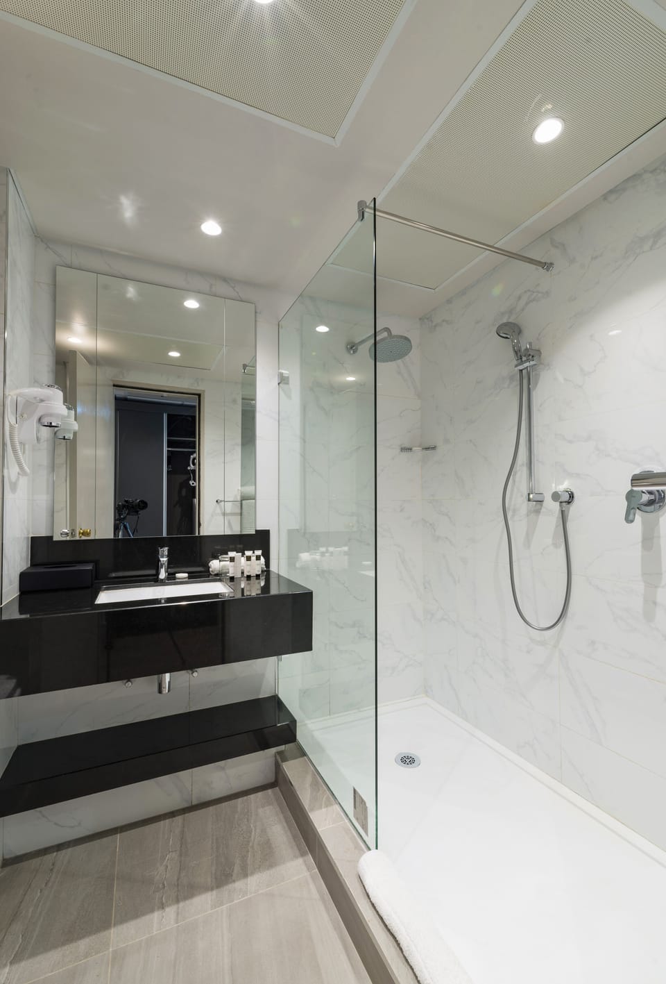 Combined shower/tub, free toiletries, hair dryer, towels