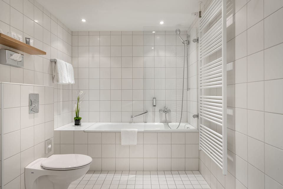 Hair dryer, towels, soap, shampoo