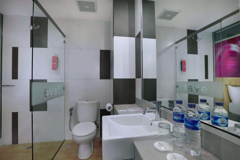 Shower, free toiletries, slippers, towels