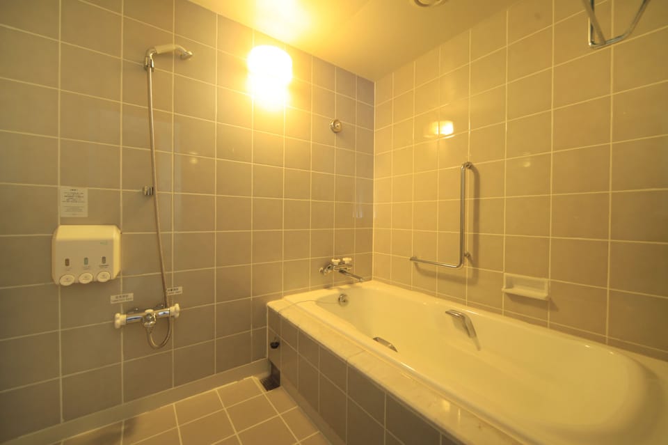 Separate tub and shower, free toiletries, hair dryer, slippers