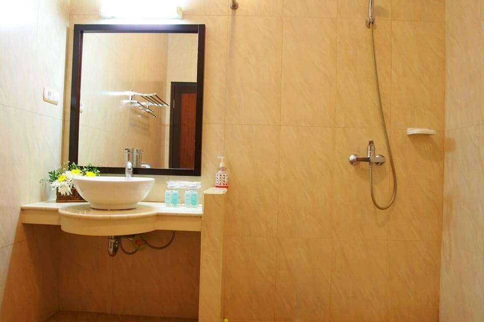 Shower, free toiletries, slippers, towels