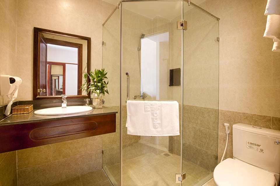 Shower, hydromassage showerhead, designer toiletries, hair dryer