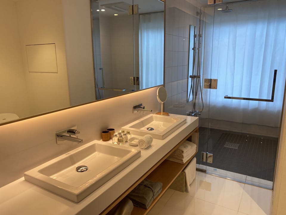 Eco-friendly toiletries, hair dryer, slippers, electronic bidet