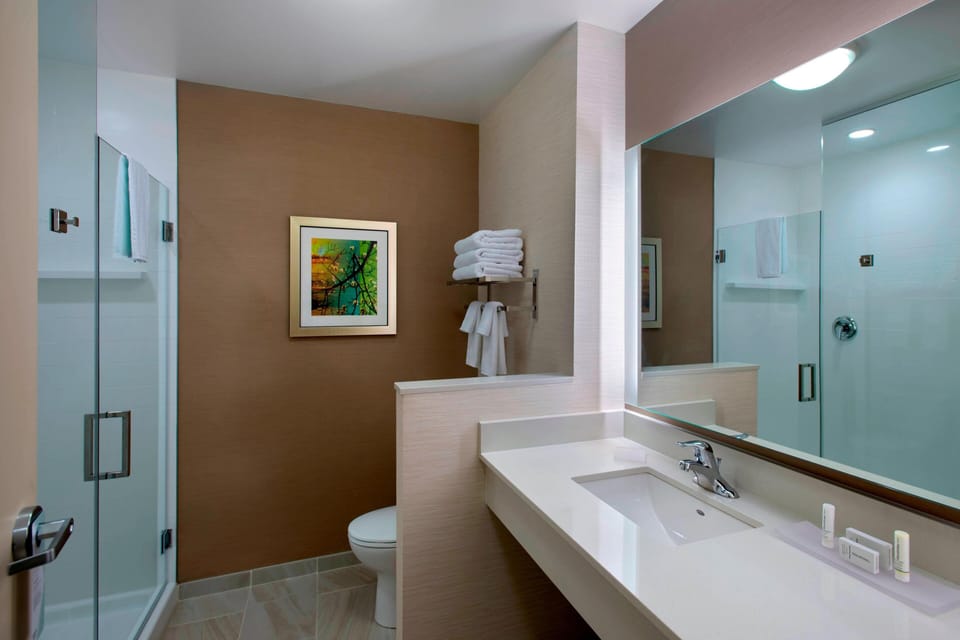 Combined shower/tub, free toiletries, hair dryer, towels