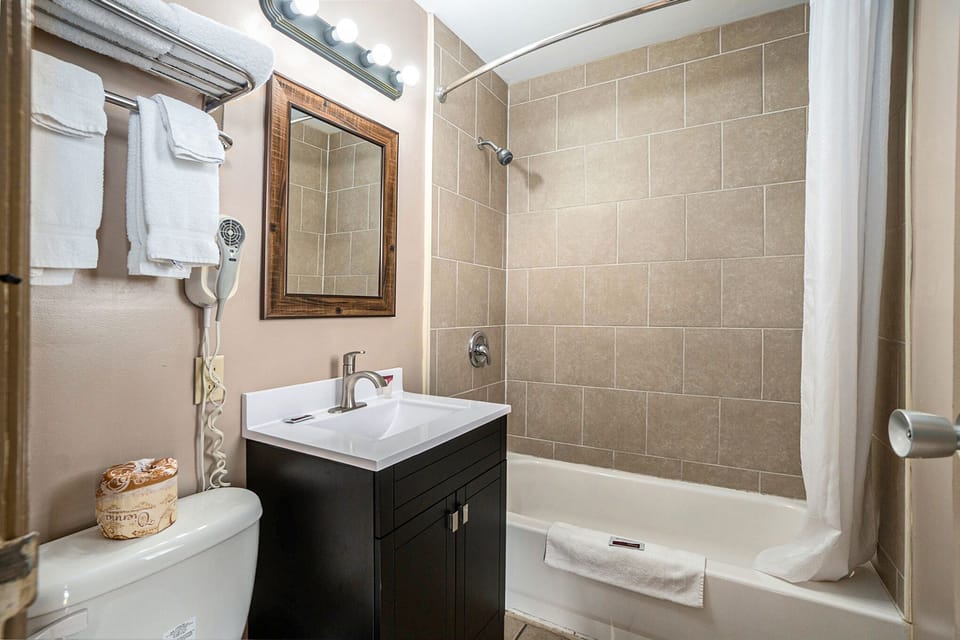 Basic Room | Bathroom | Combined shower/tub, hair dryer, towels, soap