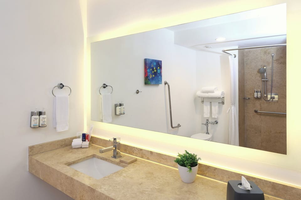 Hair dryer, towels, soap, shampoo