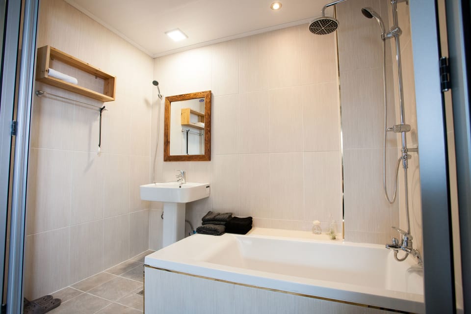 Room 304 | Bathroom | Shower, free toiletries, hair dryer, slippers