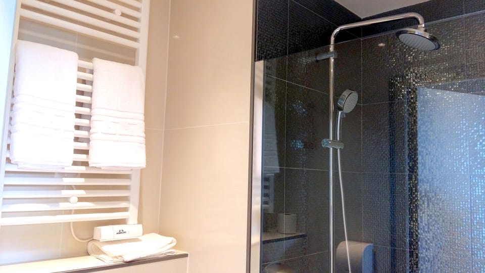 Shower, hydromassage showerhead, free toiletries, towels