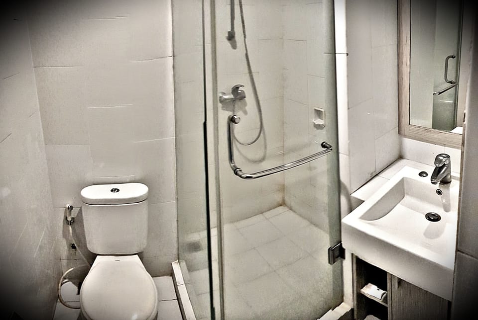Shower, free toiletries, towels, soap