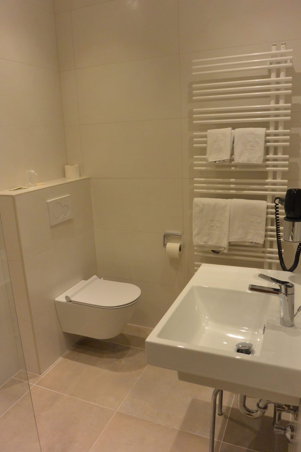 Shower, free toiletries, hair dryer, towels