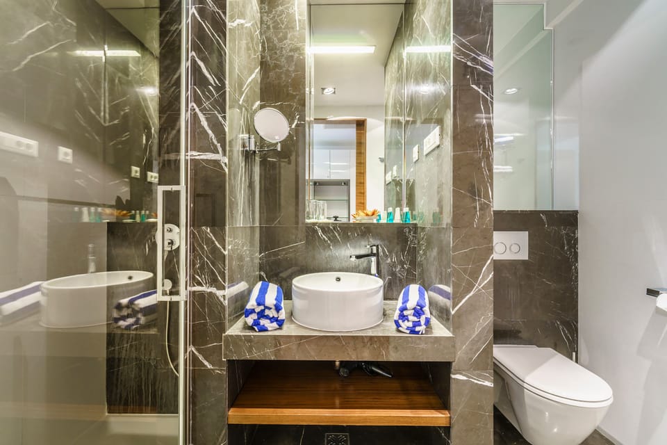 Shower, free toiletries, hair dryer, towels
