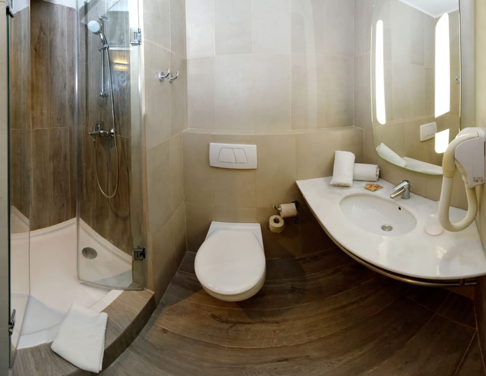 Shower, eco-friendly toiletries, hair dryer, towels