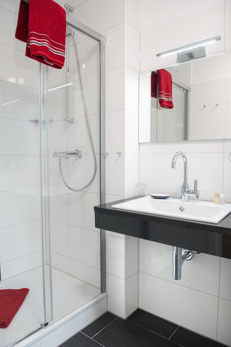 Shower, free toiletries, hair dryer, towels