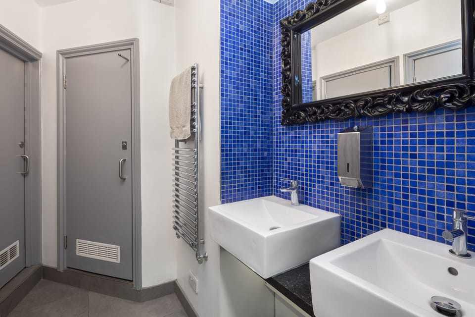 Shower, rainfall showerhead, hair dryer, toilet paper