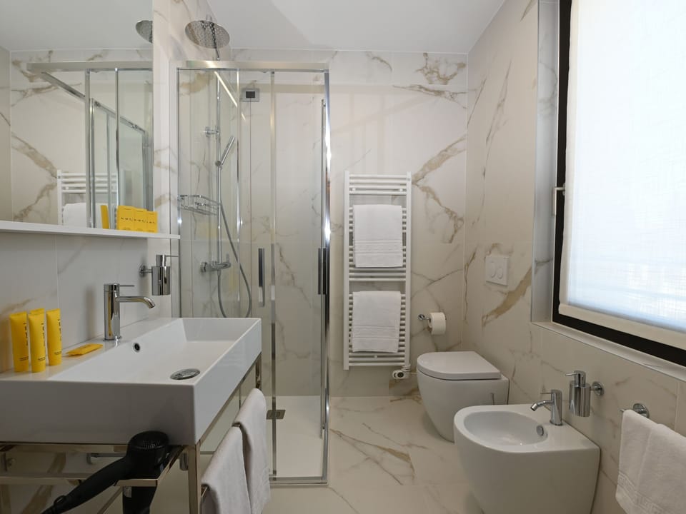Shower, hair dryer, bidet, towels