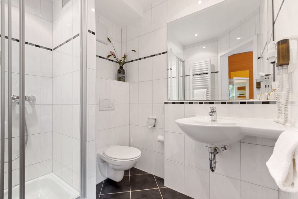 Shower, free toiletries, hair dryer, towels