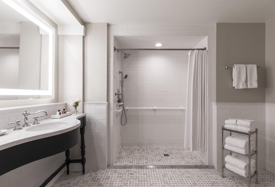 Premium Room, 2 Queen Beds, Accessible (Shower) | Bathroom | Free toiletries, hair dryer, bathrobes, towels