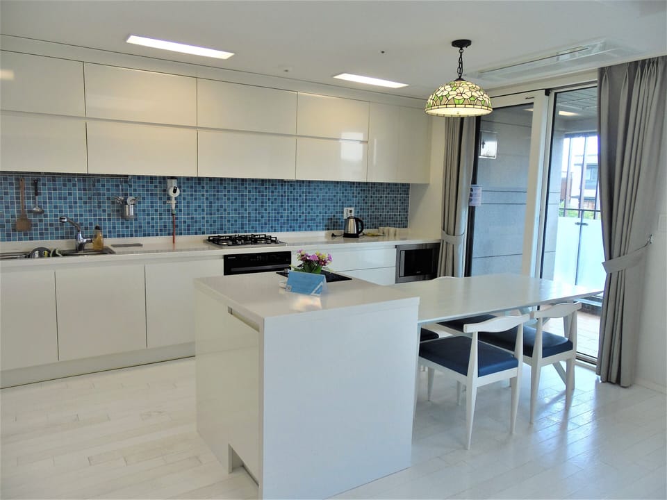 Full-size fridge, microwave, oven, electric kettle