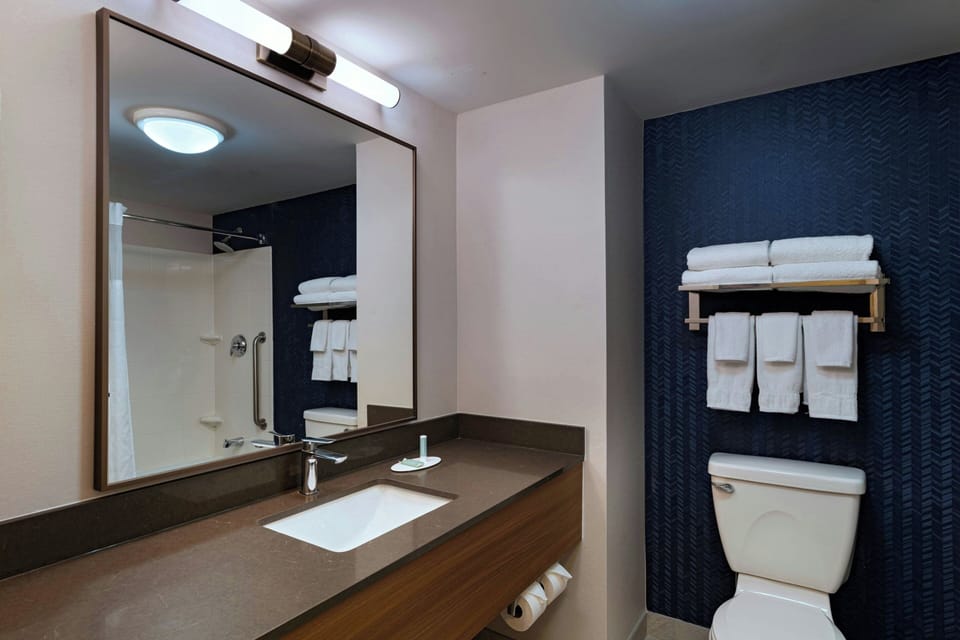 Combined shower/tub, free toiletries, hair dryer, towels