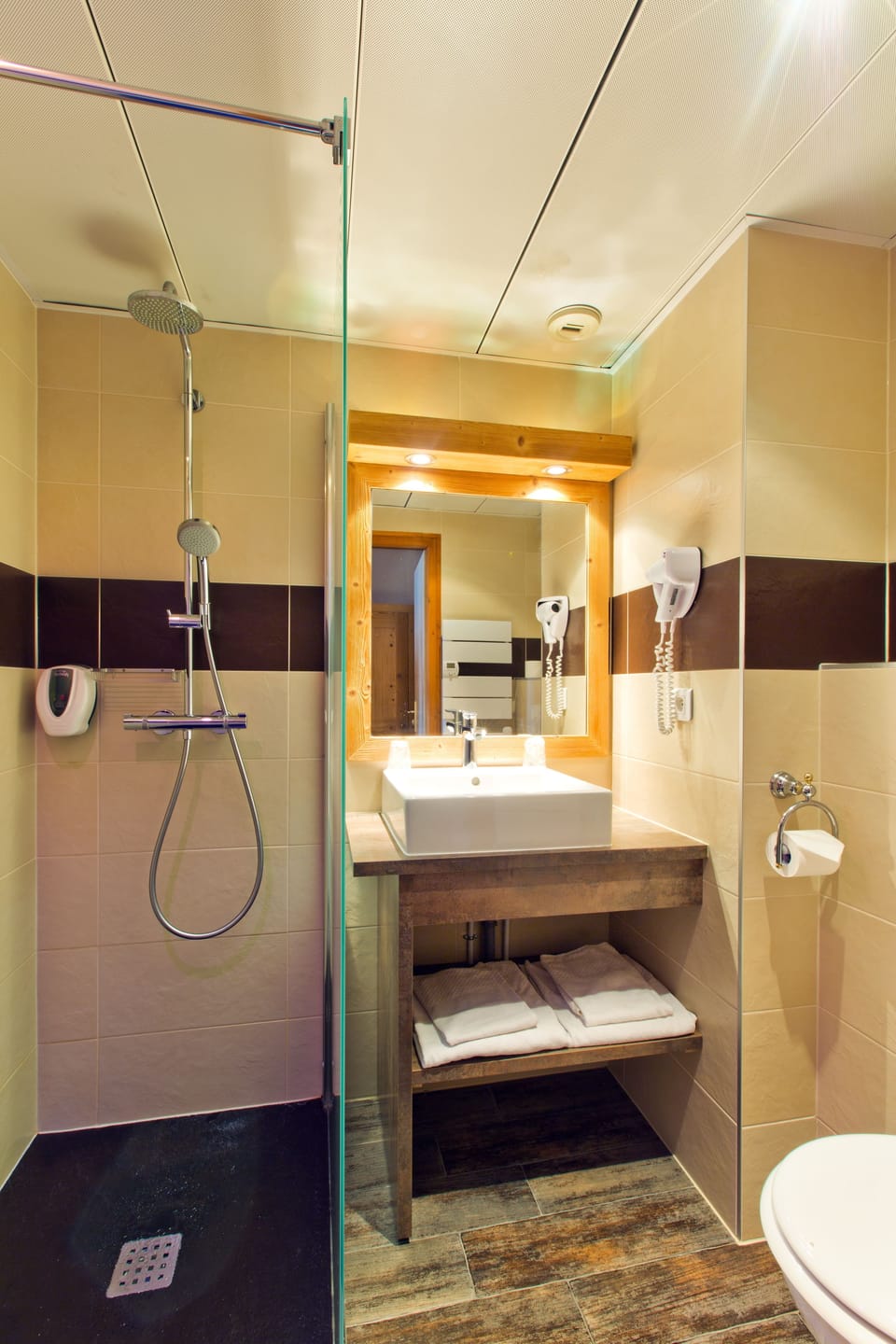 Hair dryer, towels, soap, shampoo