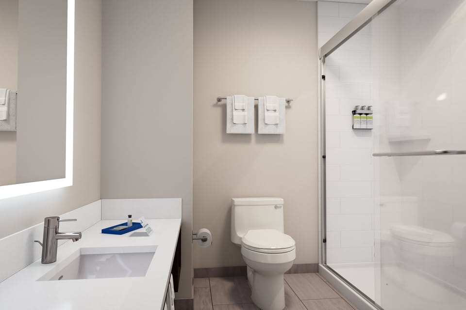 Combined shower/tub, free toiletries, hair dryer, towels