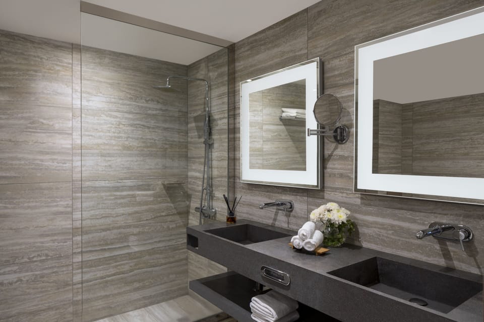 Eco-friendly toiletries, hair dryer, bathrobes, bidet