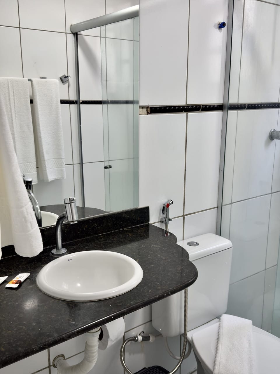 Shower, free toiletries, hair dryer
