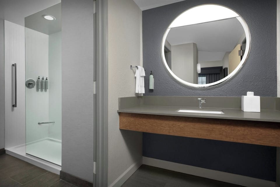 Combined shower/tub, free toiletries, hair dryer, towels