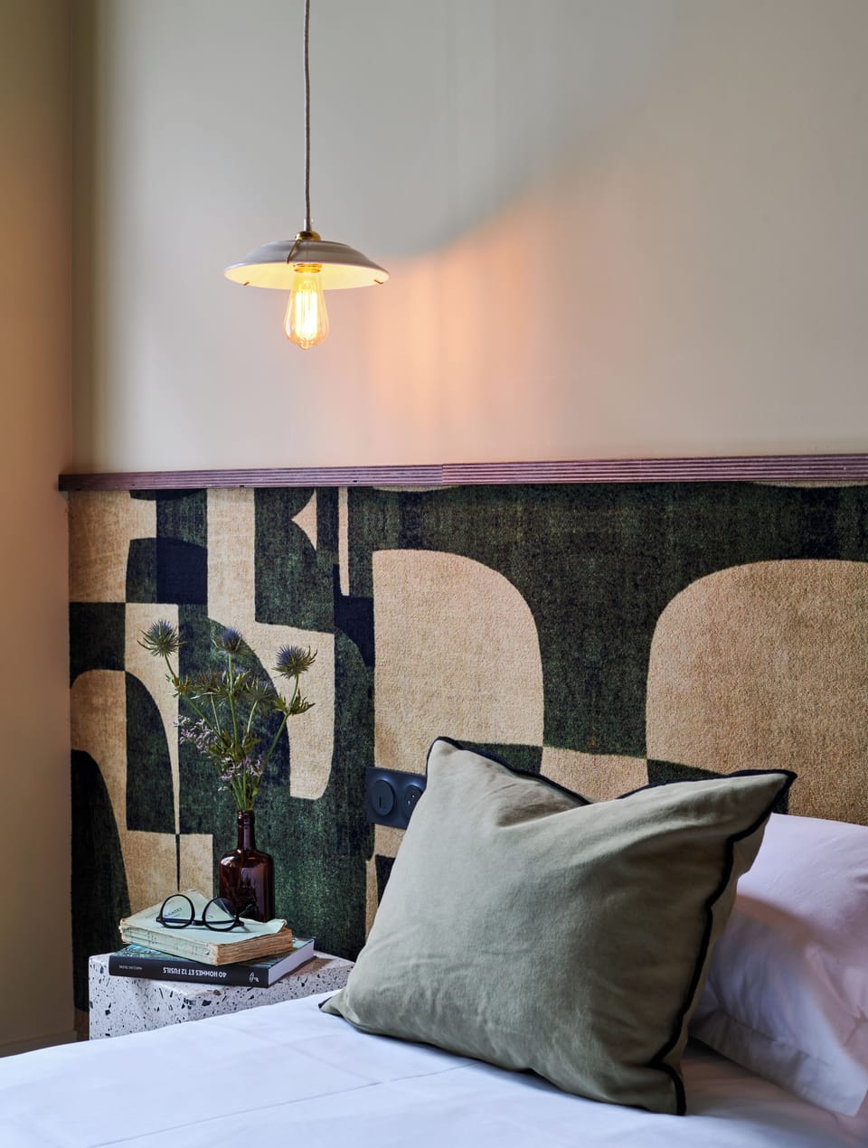 Premium bedding, desk, laptop workspace, blackout drapes